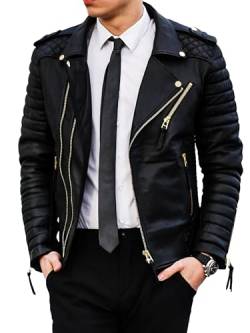 Aksah Fashion Asymnetrische Herren-Lederjacke mit Reißverschluss, Schwarz / Gold, gesteppt, schmale Passform, echtes Leder, Schwarz , M von Aksah Fashion