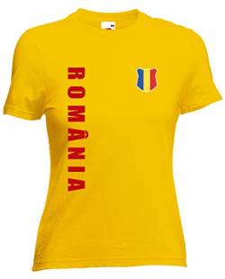 Rumänien Romania EM-2020 Damen T-Shirt Wunschname Nummer Gelb L von AkyTEX