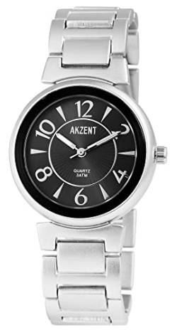 Akzent Damen-Uhr analog Armbanduhr Silberfarbig rund 36mm x 9mm Metallarmband Silberfarbig 19cm x 22mm Faltschließe und Ziffernblatt in anthrazit von Akzent