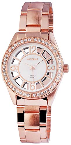 Akzent Damenuhr analog Armbanduhr Roségoldfarbig Steinbesatz Quarzwerk Metallgehäuse rund 37mm x 9mm Edelstahlarmband Roségoldfarbig 20cm x 18mm Faltschließe Ziffernblatt Mehrfarbig SS8142500012 von Akzent