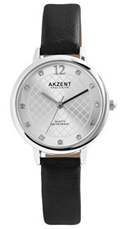 Akzent Exclusive Damen - Uhr Lederimitation Armbanduhr Dornschließ Analog Quarz 1900232 (Schwarz/Silberfarbig) von Akzent