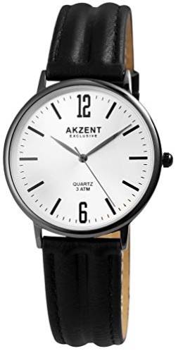 Akzent Exclusive Herren - Uhr Lederimitations Armbanduhr Dornschließe Analog Quarz 2900146 (Schwarz/Weiß) von Akzent