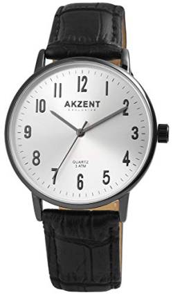 Akzent Exclusive Herren - Uhr Lederimitations Armbanduhr Dornschließe Analog Quarz 2900149 (Schwarz/Silberfarben) von Akzent