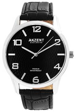 Akzent Exclusive Herren - Uhr Lederimitations Armbanduhr Dornschließe Analog Quarz 2900191 (Schwarz/Silberfarbig/Schwarz) von Akzent