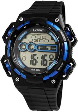 Akzent Herrenuhr Digital Schwarz Blau + Box Quarz Silikon Sport Alarm Licht Stoppuhr Datum Armbanduhr von Akzent