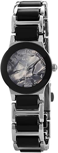 Design Damen Armband Uhr Perlmutt Silber Schwarz Analog Metall 3 Bar Quarz 9SS7821100011 von Akzent