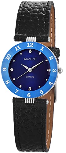 Mode Damen Armband Uhr Blau Schwarz Analog Leder Imitat Strass Kristalle Frauen Quarz 9SS8923000006 von Akzent