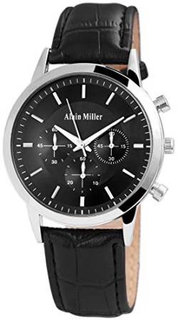 ALAIN MILLER Herrenuhr Schwarz Silber Analog Chrono-Look Metall Leder Quarz Armbanduhr von Alain Miller