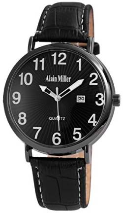 ALAIN MILLER Herrenuhr Schwarz Titan-Look Analog Datum Metall Leder Quarz Armbanduhr von Alain Miller