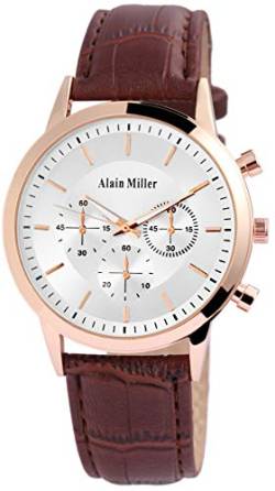 ALAIN MILLER Herrenuhr Silber Braun Rosègold Analog Chrono-Look Metall Leder Quarz Armbanduhr von Alain Miller