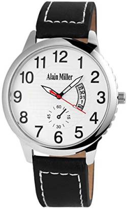 ALAIN MILLER Herrenuhr Silber Schwarz Analog Datum Chrono-Look Metall Leder Quarz Armbanduhr von Alain Miller