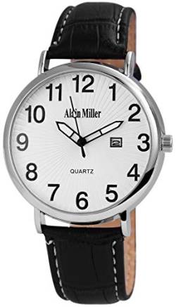 ALAIN MILLER Herrenuhr Silber Schwarz Analog Datum Metall Leder Quarz Armbanduhr von Alain Miller