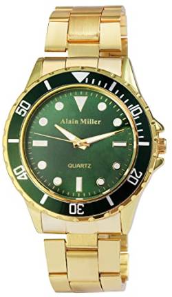 Alain Miller Herrenuhr–Edelstahl Armbanduhr Leuchtzeiger Analog Quarz 2800012 (goldfarbig/grün) von Alain Miller