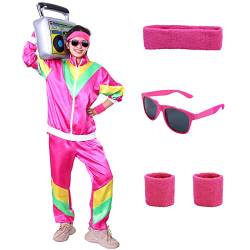 Alaiyaky 80er 90er Jahre Outfit Herren Damen, 80er Trainingsanzug mit Jacke Hose Schweißbänder Sonnenbrille, 90er 80er Jahre Kleidung Bad Taste Outfit für Karneval Halloween Paare (Rot, XL) von Alaiyaky