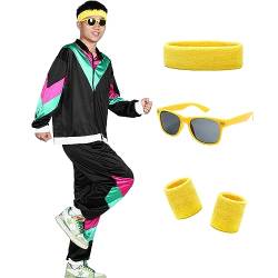 Alaiyaky 80er 90er Jahre Outfit Herren Damen, 80er Trainingsanzug mit Jacke Hose Schweißbänder Sonnenbrille, 90er 80er Jahre Kleidung Bad Taste Outfit für Karneval Halloween Paare (Schwarz, M) von Alaiyaky