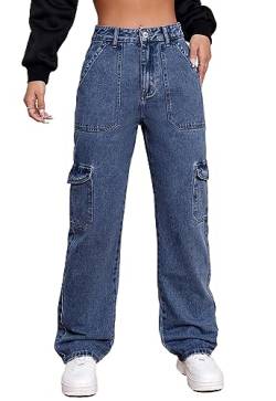 Alaster Queen Damen Jeans Hohe Taille Cargo Jeans Stretch Wide Leg Denim Hose Trendy Dunkelblau XXL von Alaster Queen