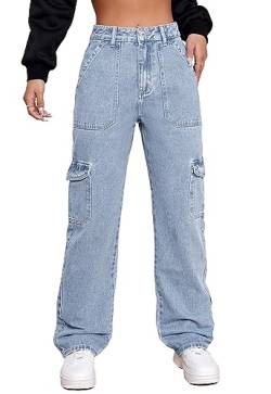 Alaster Queen Damen Jeans Hohe Taille Cargo Jeans Stretch Wide Leg Denim Hose Trendy Hellblau L von Alaster Queen