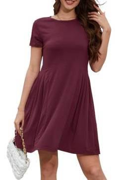 Alaster Queen Damen Kleid Sommerkleid Damen leicht Strandkleid Tunika Kleid A-Linie Kurzarm T-Shirtkleid Knielanges Kleider Rundhalsausschnitt mit Taschen Hohe Taille Freizeitkleid,Rot,XL von Alaster Queen