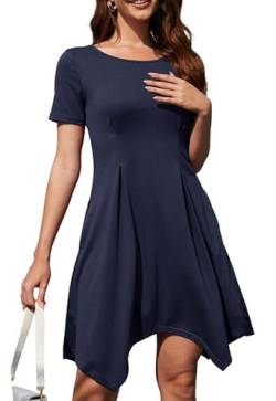 Alaster Queen Damen Kleid Sommerkleid leicht Strandkleid T-Shirtkleid Knielanges Kleid A-Linie Tunika Kleid Kurzarm Rundhalsausschnitt Kleid mit Taschen Kleider Freizeitkleid，Blau，S von Alaster Queen