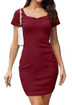 Alaster Queen Sommerkleid Damen Partykleid Figurbetontes Kleid Herzausschnit Bodycon Kleid Damen Minikleid Damen Kurze Ärmel Knielang，Rot，S von Alaster Queen