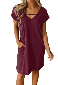 Alaster Queen Sommerkleid Damen leicht Strandkleid T-Shirt Kleid Tunika Kleid Knielanges Kleid A-Linie Kurzarm Kleid mit Taschen Damen Kleid V-Ausschnitt，Rot，M von Alaster Queen