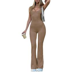 Alaurbeauty Damen Ärmellos Rückenfrei Overall mit Quadratischem Ausschnitt Y2K Overall Hosen Sommer Lang Einteiler Jumpsuit Eng (A-Khaki, S) von Alaurbeauty