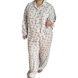 Alaurbeauty Damen Cute Schlafanzug-Set Langärmliges Hemd und Lange Hose Schlafanzug Damen Pyjama Set Lang Y2k Sleepwear (A-Weiß, M) von Alaurbeauty