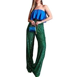 Alaurbeauty Damen Glitzer Pailletten Lange Lose Hosen Bling Sparkly Joggerhosen Lässig Elastisch Hohe Taille Business Hosen für Arbeit Büro Streetwear (Grün, M) von Alaurbeauty