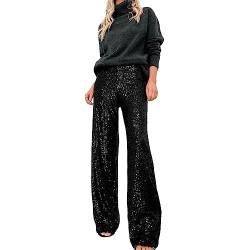 Alaurbeauty Damen Glitzer Pailletten Lange Lose Hosen Bling Sparkly Joggerhosen Lässig Elastisch Hohe Taille Business Hosen für Arbeit Büro Streetwear (Schwarz, S) von Alaurbeauty