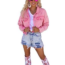 Alaurbeauty Damen Jeansjacke Langarm Umlegekragen Knopfleiste Crop Denim Jacke Female Jeansjacke Kurze Jacke Denim Jean Mantel Outwear (Rosa, M) von Alaurbeauty