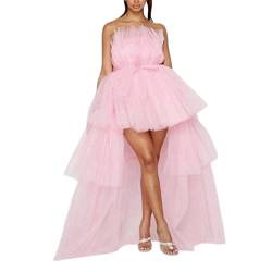 Alaurbeauty Damen Schulterfreies Kleid Tüll Sommer High Low Kleid Lang Sexy Abschlussballkleid Elegant Ärmellos Abendkleid Rüschen Mesh Kleid (A-Rosa, Large) von Alaurbeauty