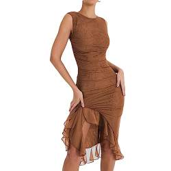 Alaurbeauty Damen Y2K Rüschenkleid Sommer Durchsichtig Fransen Langes Kleid Hängender Hals Offener Rücken Unregelmäßige Rüschen Kleid (A-Brown, S) von Alaurbeauty