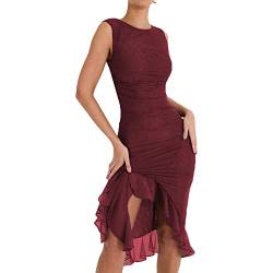 Alaurbeauty Damen Y2K Rüschenkleid Sommer Durchsichtig Fransen Langes Kleid Hängender Hals Offener Rücken Unregelmäßige Rüschen Kleid (A-Wine Red, S) von Alaurbeauty