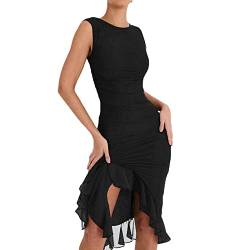 Alaurbeauty Damen Y2K Rüschenkleid Sommer Durchsichtig Fransen Langes Kleid Hängender Hals Offener Rücken Unregelmäßige Rüschen Kleid (Black, S) von Alaurbeauty