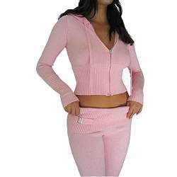 Alaurbeauty Damen Y2K Zweiteiler Hose und Pullover Strick Reißverschluss Up Crop Hoodies Vintage Sweatshirts mit Kapuze und Hose 90er Lounge Set (A-Rosa, S) von Alaurbeauty