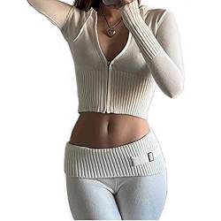 Alaurbeauty Damen Y2K Zweiteiler Hose und Pullover Strick Reißverschluss Up Crop Hoodies Vintage Sweatshirts mit Kapuze und Hose 90er Lounge Set (A-Weiss, S) von Alaurbeauty