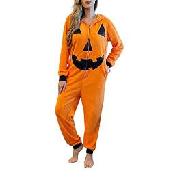 Alaurbeauty Frauen Halloween Orange Kürbis Onesie Pyjama Jumpsuit, Kürbis Gesicht Print Zip-up Hooded Overall für Kostümspiel/Maskerade (Jumpsuit, Orange, L) von Alaurbeauty