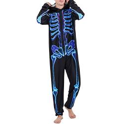 Alaurbeauty Halloween Pyjama Familie Skelett Overall Langarm Passende Kostüm Einteiler Reißverschluss Overall mit Kapuze für Damen Herren Kinder (Black Blue Dad, L) von Alaurbeauty