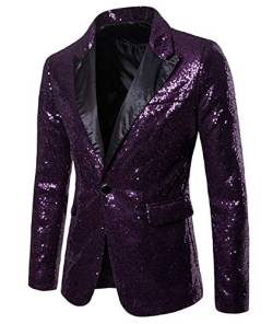 Alaurbeauty Herren Slim Fit Sakko Blazer Anzugjacke Freizeit EIN-Knopf Pailletten Glitter Anzug Jacke Karneval Kostüm für Hochzeit Party Festlich (Lila, XL) von Alaurbeauty