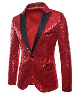 Alaurbeauty Herren Slim Fit Sakko Blazer Anzugjacke Freizeit EIN-Knopf Pailletten Glitter Anzug Jacke Karneval Kostüm für Hochzeit Party Festlich (Rot, L) von Alaurbeauty