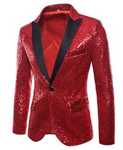 Alaurbeauty Herren Slim Fit Sakko Blazer Anzugjacke Freizeit EIN-Knopf Pailletten Glitter Anzug Jacke Karneval Kostüm für Hochzeit Party Festlich (Rot, XL) von Alaurbeauty