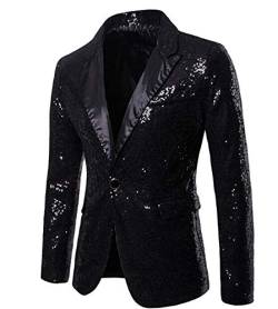 Alaurbeauty Herren Slim Fit Sakko Blazer Anzugjacke Freizeit EIN-Knopf Pailletten Glitter Anzug Jacke Karneval Kostüm für Hochzeit Party Festlich (Schwarz, L) von Alaurbeauty