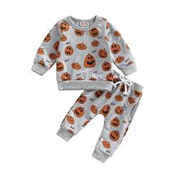 Alaurbeauty Neugeborenes Baby Jungen Mädchen Halloween Outfit Mein Erstes Halloween Kürbis Sweatshirt Oberteil Hosen mit Kordelzug Set (A-Grau, 12-18 Monate) von Alaurbeauty