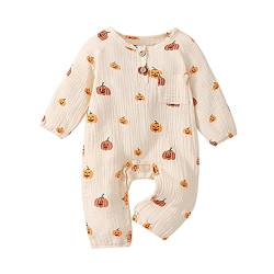 Alaurbeauty Neugeborenes Baby Jungen Mädchen Halloween Strampler Netter Kürbis Onesie Overall Bodysuit Langarm Einteiliger Herbst Winter Babykleidung (A-Beige, 0-3 Monate) von Alaurbeauty