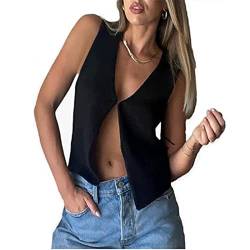 Alaurbeauty Sexy Kurze Weste Damen Strick mit V-Ausschnitt Cardigan Strickweste Ärmellos Y2K Vintage Strick Tank Top Streetwear (A-Schwarz, M) von Alaurbeauty