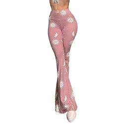 Alaurbeauty Sexy Schlaghosen Damen Elastisch Hohe Taille Sonne Mond Druck Glockenhose Stretchhose Ausgestellte Leggings Streetwear (Rosa, S) von Alaurbeauty