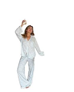 Damen Cute Schlafanzug-Set Langärmliges Hemd und Lange Hose Schlafanzug Damen Pyjama Set Lang Y2k Sleepwear (A-Blau, L) von Alaurbeauty