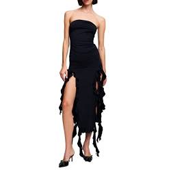 Damen Sexy Quasten Rüschen Langes Kleid Y2K Schulterfrei Eng 3D Blumen Trägerloses Kleid Figurbetontes Sommerkleid mit Schlitz (A-Schwarz, L) von Alaurbeauty