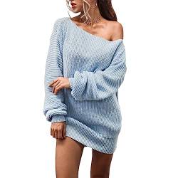 Damen Strickkleid Off Shoulder Pulloverkleid Langarm Loose Herbst Winter Pullikleid Minikleider Knit Sweater Dress (Himmelblau, XL) von Alaurbeauty