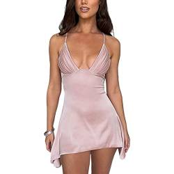 Damen Y2K Rückenfreies Figurbetontes Kleid Sexy Kurz Spaghetti Low Cut Satin Minikleid Aline Kleid Party Cocktail Clubwear (B-Rosa, L) von Alaurbeauty